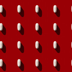 White Medical Pills seamless pattern on vibrant red background. 80s and 90s retro style, hard light...