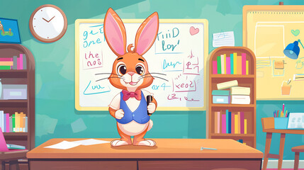 Rabbit teacher in classroom, vector, interactive whiteboard,