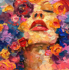  a woman and a profusion of roses and clouds just her nose and mouth showing, Cobalt, violets,...