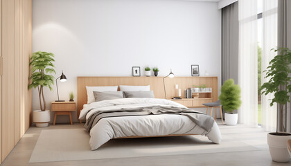 Modern bedroom interior design with large windows and white walls wooden furniture and plants