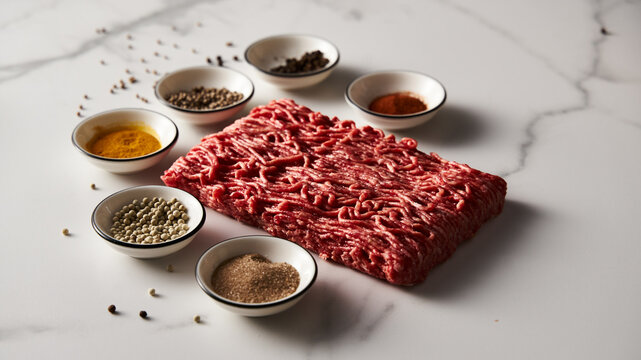 Raw and Fresh Minced Beef on white marble background with spices for cooking. Minimalistic food photo, high-key.