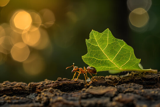 Compose an image that depicts an ant in the midst of its incredible feat of strength, carrying a giant leaf across a rugged log. The ant should be portrayed in exquisite detail