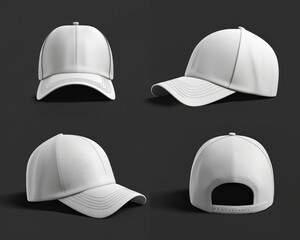 3D Hat Mockup Template on Black Background. Isolated White Hat with View from Top, Bottom, Front, and Back. Perfect for Casual Attire Ads