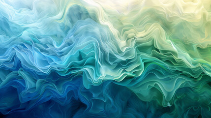 Fluid image illustrating abstract wavy textures with a gradient from blue to green resembling ocean waves - obrazy, fototapety, plakaty