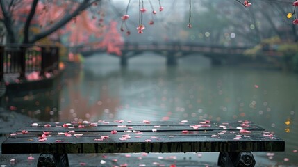  A wooden bench overlooks a water body with pink flowers floating, while a bridge is visible in the backdrop