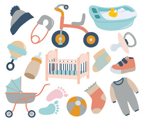 Baby icon element flat vector set. Newborn stuff vector set.