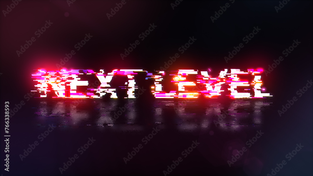 Poster 3D rendering next level text with screen effects of technological glitches