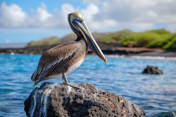 Brown Pelican perched on rock at Suarez Point, Espanola Island, Galapagos National Park. A stunning American coastal bird - obrazy, fototapety, plakaty