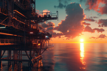 Gas production on the sea at sunset - obrazy, fototapety, plakaty