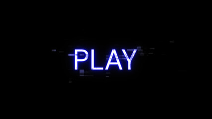 3D rendering play text with screen effects of technological glitches