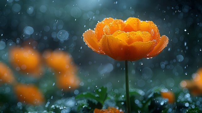  A sharp image of a single flower with droplets of water, set against an orange-hued backdrop