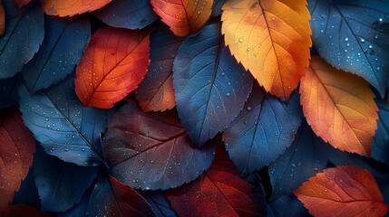 A stunning display of colorful autumn leaves with water droplets, showcasing nature's canvas - obrazy, fototapety, plakaty