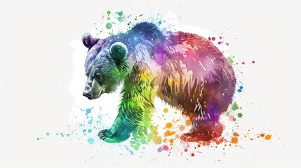  A watercolor portrait of a brown bear with vibrant splatter patterns on its fur and face - obrazy, fototapety, plakaty