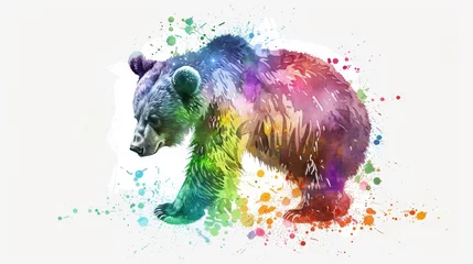 Foto op Aluminium  A watercolor portrait of a brown bear with vibrant splatter patterns on its fur and face © Nadia