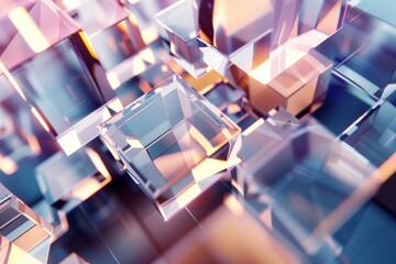 Abstract render of colorful glass geometric shapes with reflective surfaces. Vibrant and reflective glass contrast against geometric shapes, creating an abstract and futuristic atmosphere. 