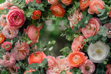 Close-up of pink and orange flowers of ranunculus and eucalyptus branches
