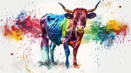  Bull in colorful splatter, on white backdrop