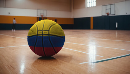 Colombia flag is featured on a basketball. Basketball championship concept.