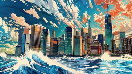 evoking the city's lively spirit, Dramatic New York City Skyline with Ocean Waves, A view of the...