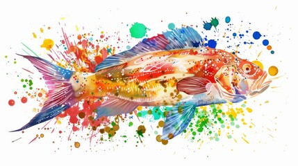Obraz na płótnie Canvas A watercolor painting of a goldfish with multi-colored splat patterns on its backside