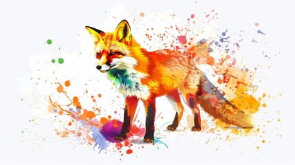  A watercolor depiction of a fox against a stark white backdrop, featuring a vibrant paint splash