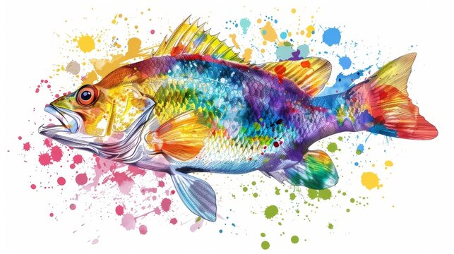  A colorful fish against a white backdrop, surrounded by paint splatters on its sides and bottom