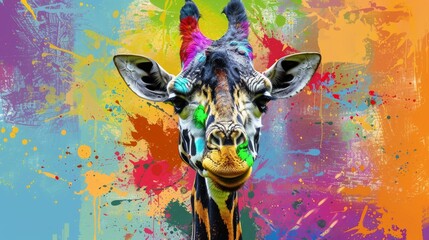  A close-up portrait of a giraffe's face with vibrant paint splatter decorations