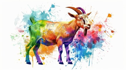  A stunning watercolor portrait of a majestic goat with intricate, multicolored brushstrokes adorning its lustrous coat