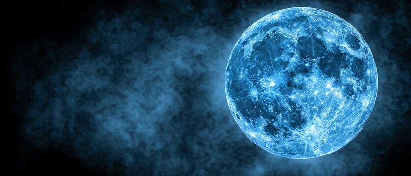  A close-up image of a blue moon against a black backdrop featuring slight smoke emissions