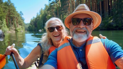 Obraz premium Happy couple enjoying themselves on a lake, rowing a boat
