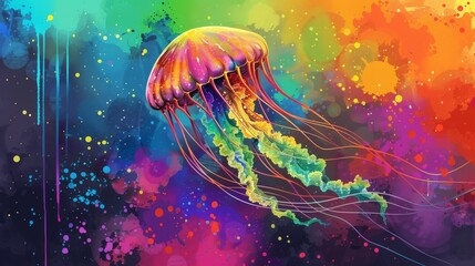  A watercolor painting of a vibrantly colored jellyfish on a diverse background, adorned with splattered paint - obrazy, fototapety, plakaty