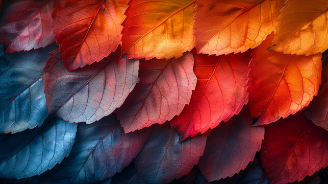 This image showcases a close-up of autumn leaves, with a vibrant display of red, orange, and yellow colors
