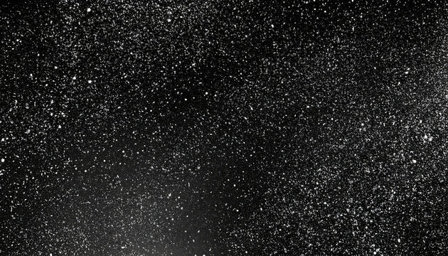 Dust texture. Grain overlay. Night stars. Galaxy stardust. White shiny glitter powder particles on dark black abstract background.
