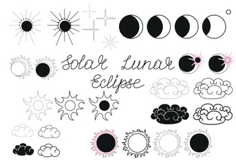 Solar and lunar eclipse icons collection isolated on white background. Big vector set for astrological forecast design, horoscope or astronomical illustration or other using. Not AI created.