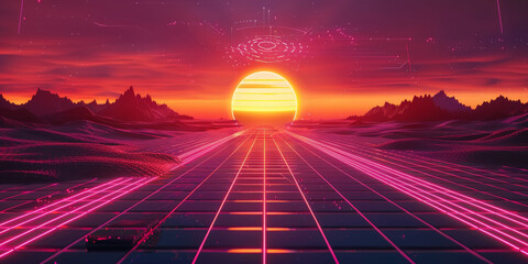 Sunset  retro futuristic landscape, banner ,Retro Sci-Fi Background Summer Landscape - obrazy, fototapety, plakaty