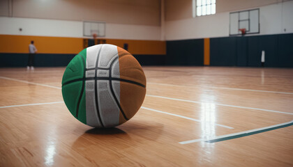 Naklejka premium Irish flag is featured on a basketball. Basketball championship concept.