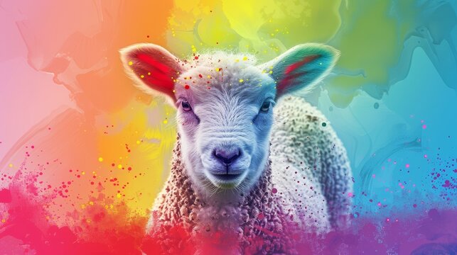  A sheep's face is seen against a colorful backdrop, with paint spatter all around it