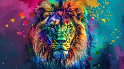  A painting of a lion's face with multicolored paint splatters on its face