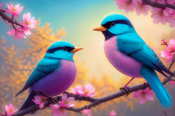 Birds on flowering tree branches
