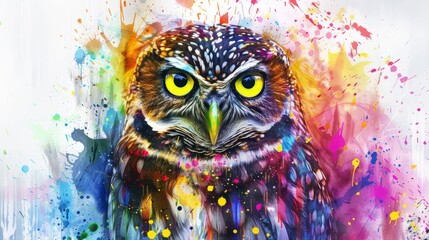  Owl with yellow eyes, multicolored splatters on its face