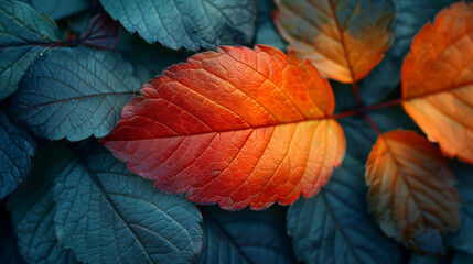 Captivating image showcasing the gradual change of color in leaves from green to red, symbolizing the transition of seasons - obrazy, fototapety, plakaty
