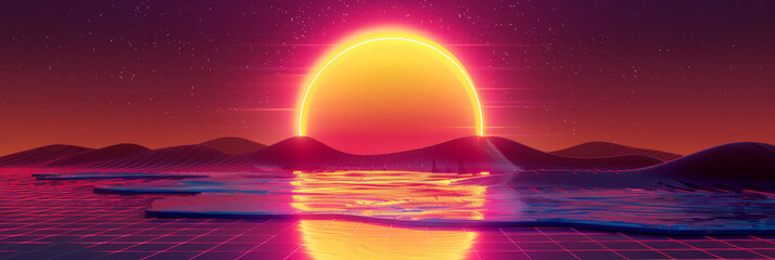 Sunset  retro futuristic landscape, banner ,Retro Sci-Fi Background Summer Landscape