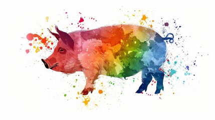  A watercolor artwork depicting a pig covered in paint splatters, with its tail also affected