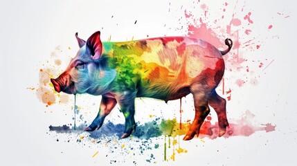  Multicolored pig in splattered paint, standing center-frame
