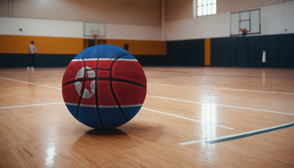 North Korea flag is featured on a basketball. Basketball championship concept.