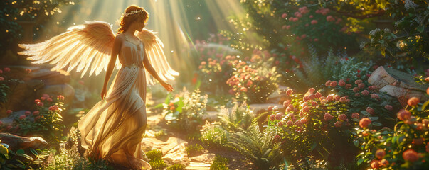 Angel, flowing gown, serene, standing in a lush garden, sunny day - obrazy, fototapety, plakaty