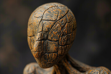 The wood art carving is a detailed and beautiful human face.