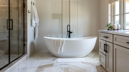 A contemporary bathroom with a freestanding bathtub, a walk-in shower with glass doors, and marble tile flooring for a luxurious touch