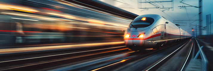 cinematic,Freeze the speed and power of a passing train, capturing the motion blur of the landscape as the train rushes by, highlighting the sleek design and momentum of modern transportation,