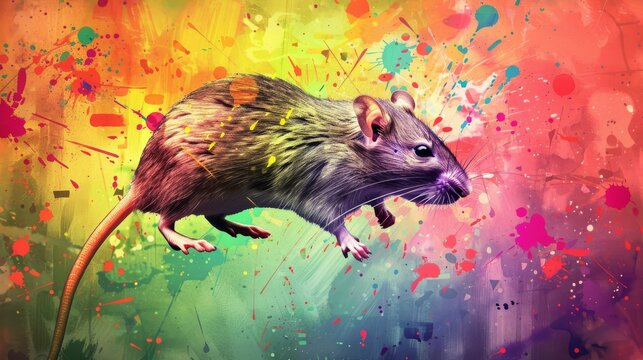  A colorful painting featuring a rat amidst scattered paint splatters on a vibrant canvas backdrop
